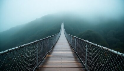 Fototapeta premium a Misty Mountain Suspension Bridge, Wooden suspension bridge. Misty atmosphere, way through clouds, path between mountain rocks. Travel destination, created with generative ai