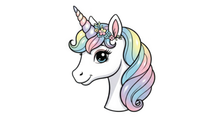 Whimsical unicorn portrait with rainbow mane and sparkling horn enchanting fantasy creature art ideal for magical designs transparent background