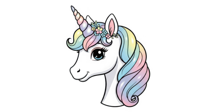 Whimsical unicorn portrait with rainbow mane and sparkling horn enchanting fantasy creature art ideal for magical designs transparent background