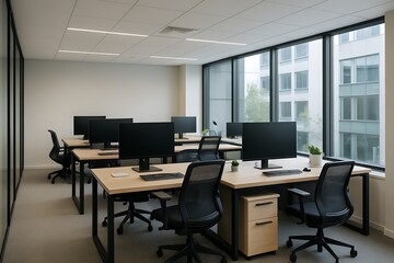 Modern office space with desks and computers by large windows