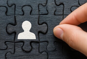 Hand assembling black puzzle pieces, with a white silhouette of a person in the middle. A finger adds another piece, focusing on connection and individuality