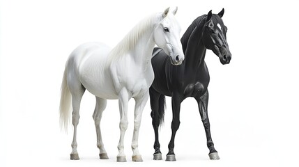 Two noble horses white and black standing still against.