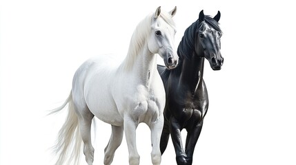 Obraz premium Two noble horses white and black standing still against.