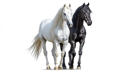 Obraz premium Two noble horses white and black standing still against.