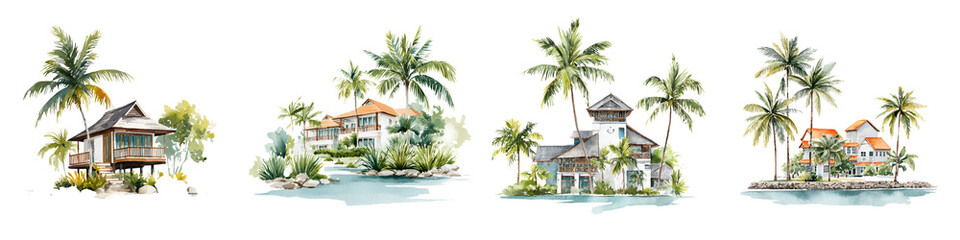 Fototapeta premium Watercolor tropical houses and palm trees set isolated on white background
