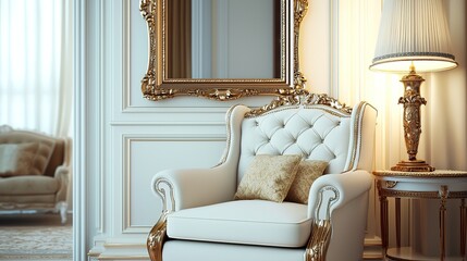 Fototapeta premium An elegant room featuring a white ornate armchair, a decorative mirror, and a stylish lamp, creating a luxurious and inviting atmosphere.