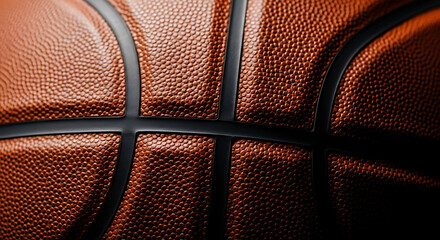 Close-up view of a textured basketball's surface, showcasing its orange leather and black seams.