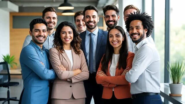 A diverse group of professionals smiling together in an office setting. Men and women of various ethnicities and ages, dressed in business attire, exude confidence and teamwork.