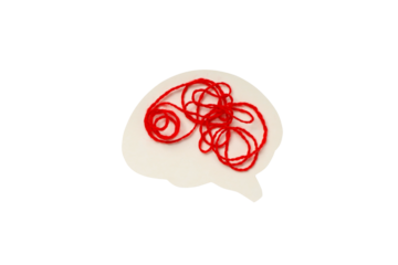 Red yarn shapes a brain on white, isolated on white, PNG