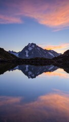 Serene mountain reflection at dawn in a calm alpine lake, ideal for nature decor, travel brochures, or landscape art
