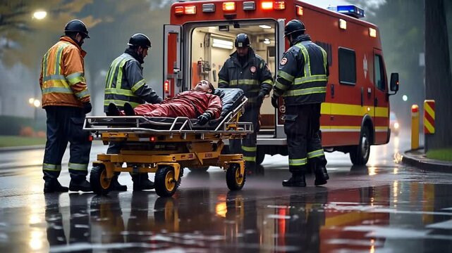Emergency responders assist an injured person on a stretcher in the rain. The scene includes an ambulance and four paramedics in uniforms.