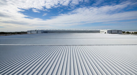 Wide view of modern industrial building with large metal roof