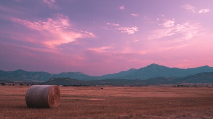 Hay bale in a vast field at sunset