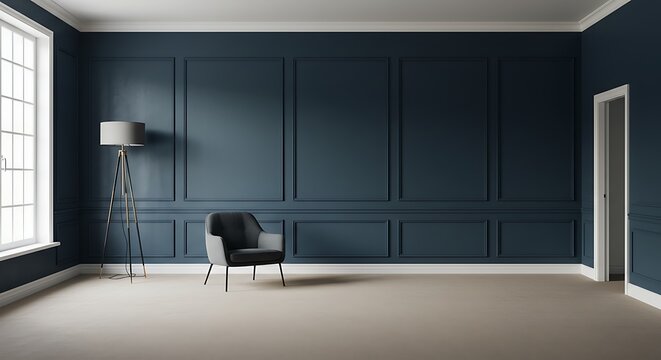 empty living room with dark blue tones wall