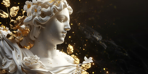 Elegant classical statue adorned with golden flowers and delicate petals.