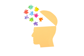 Illustration of a head with puzzle pieces above it, isolated on white, PNG