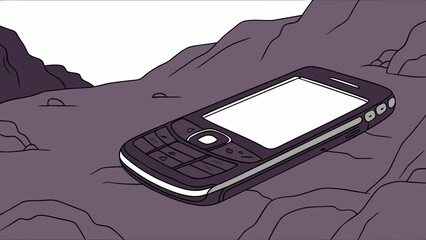Vintage Cell Phone on Rocky Surface Illustration Technology Graphic Design.