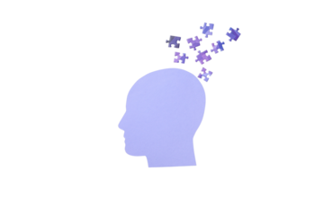 Puzzle pieces float above a purple head, isolated on white, PNG