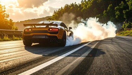 Golden sports car drifting on a highway