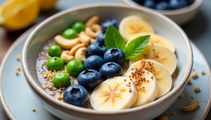 a vibrant, healthy breakfast bowl with chia seeds, blueberries, sliced bananas, cashews, green peas, and orange slices, placed on a beige cloth against a sunlit background, created with generative ai