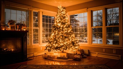 Festive Christmas Tree Decorated with Lights in Cozy Living Room During Evening