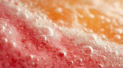 Close-up of a vibrant red to orange surface speckled with tiny, transparent bubbles, creating a textured, abstract pattern
