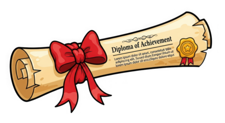 Elegant diploma scroll with red ribbon and wax seal symbolizing academic achievement graduation success transparent background