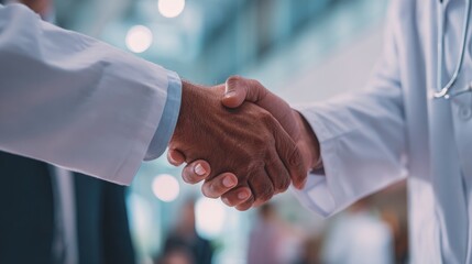 Close-up of a handshake between a doctor in a white coat and another person in a suit, with blurred figures in the background
