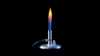 Vibrant blue and orange flame from a bunsen burner on a black background, ideal for science education, laboratory illustrations, or industrial design concepts