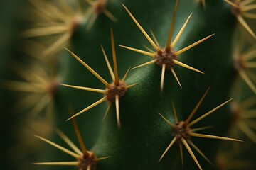 Close up macro view of sharp golden cactus spines on green plant