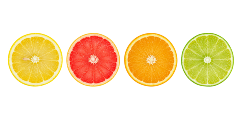 Four sliced citrus fruits arranged in a row on a transparent background