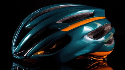 Fototapeta premium Teal blue bicycle helmet with orange accents