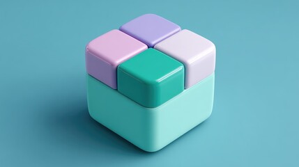 Obraz premium Stacked cube shape with pastel colors and soft lighting. An arrangement of square tiles create an isometric, abstract geometric design