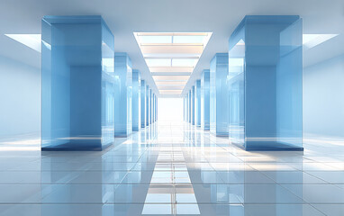 Modern and bright corridor with blue columns and reflective floor