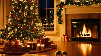 Festive Christmas Tree Decorated with Lights Ornaments and Gifts in Cozy Living Room