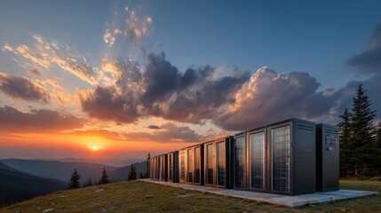 Obraz premium Modern server farm at sunset mountain view