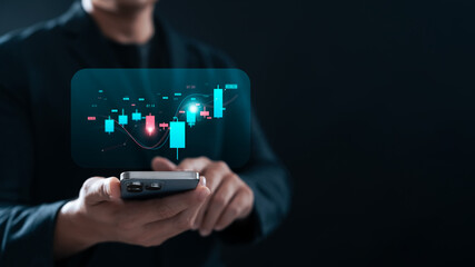 Stock trading concept with businessman holding smartphone showing digital candlestick chart. Perfect for investment, finance, mobile trading, data analytics, and market strategy.