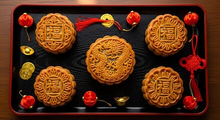 Traditional Mooncakes with Chinese Decorations on Black Tray for Lunar New Year Celebration