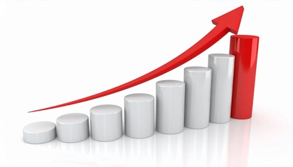 Visualizing upward business growth with a red arrow signifying progress and success over white bars representing financial gains