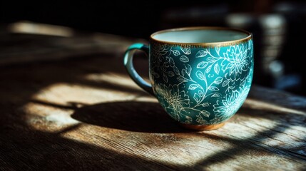 Teal floral design teacup on wooden table