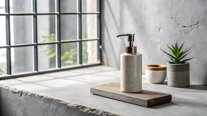 Lotion Pump Minimalist. Minimal lotion pump on concrete gray background with soft light.