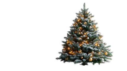 Festive Spruce in Winter: A vibrant christmas spruce, decorated with golden ornaments and radiant fairy lights. evoking holiday cheer
