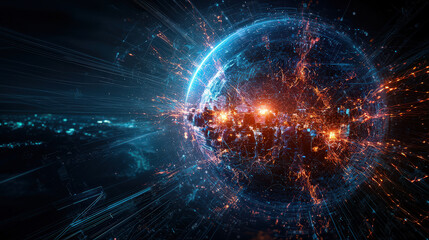 Obraz premium Digital globe with glowing connections and sparks, representing technology and innovation, evokes sense of wonder and exploration