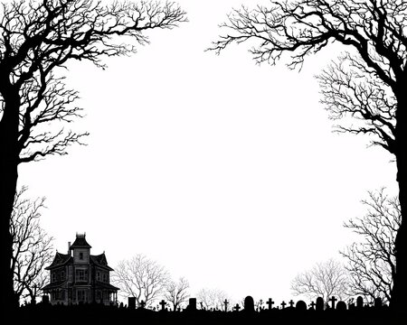 Haunted house silhouette border with spooky trees and graveyard for Halloween invitation or frame.