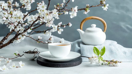 Fototapeta premium Minimalist tea ceremony setup featuring white teapot, cup, and plate surrounded by cherry blossoms, evoking tranquility and elegance