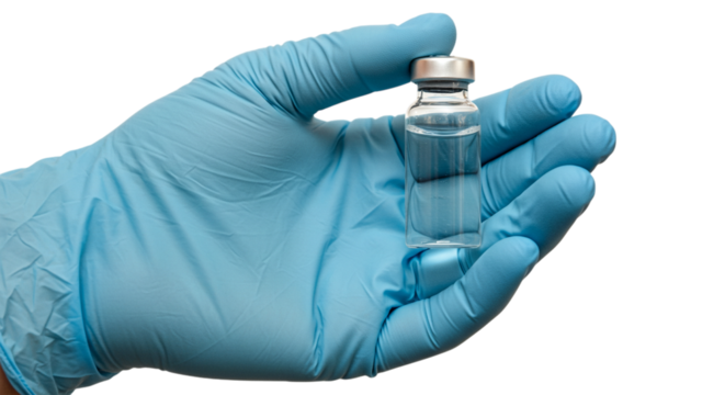 Gloved hand holds small vial of clear liquid against a transparent background. hand in glove holding syringe