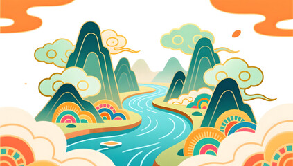 Chinese style poetic clouds, mist, rivers and mountains, beautiful scenery, landscapes, solar terms illustrations