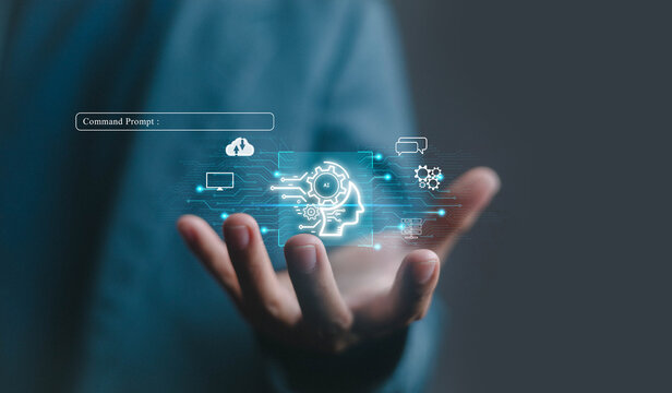 Artificial intelligence and digital technology innovation concept showing human head with AI gear icons, cloud computing, data processing, and futuristic command prompt interface in hand. - Powered by Adobe