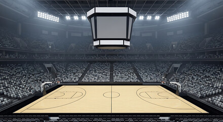 Empty basketball arena awaiting a game, under bright stadium lights.
