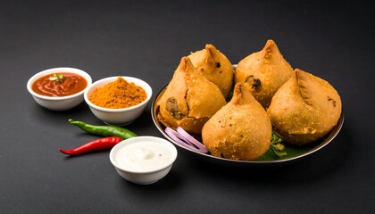 Fried pastries with sauces and chili